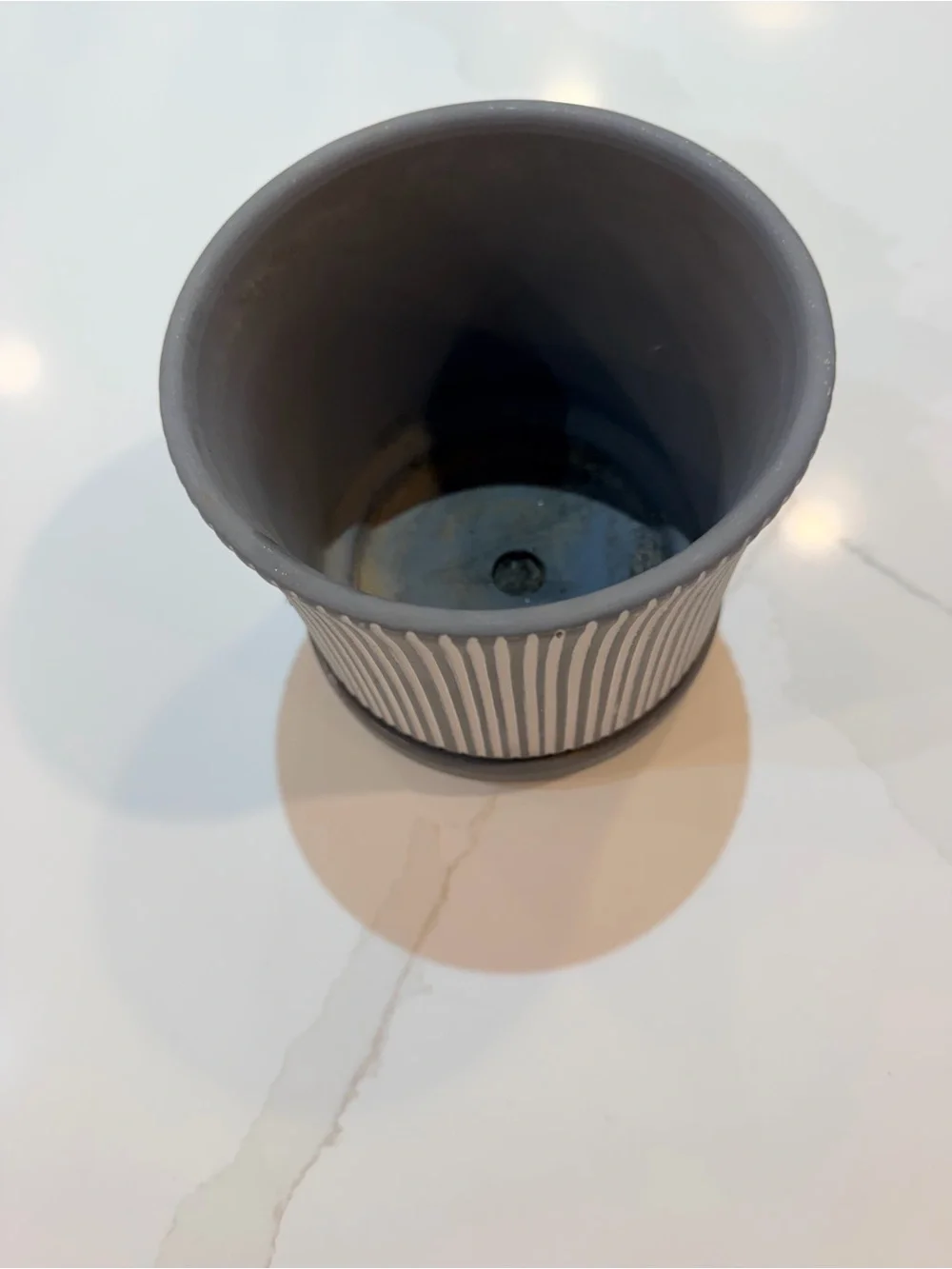 Gray Striped Ceramic Planter with Saucer